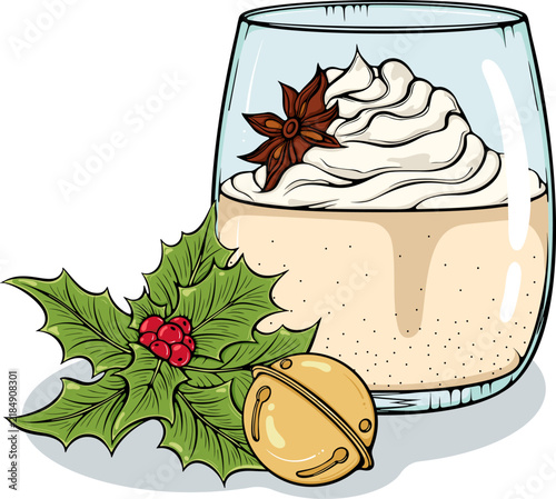 Christmas or New Year composition with glass of eggnog with whipped cream, star anise, holly leaves and round bell. Simple vector color illustration with outline in hand drawn style isolated on white