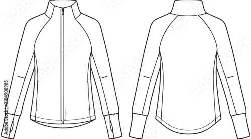 Women sports track jacket vector technical flat sketch template front and back view with full zip, isolated white background.