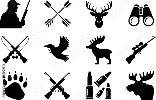 Black hunting icons collection with hunter, rifle, arrows, deer, moose, fishing rod, paw print, and binoculars vector, white background.
