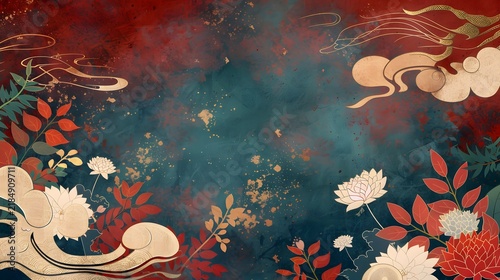 Japanese-style graphic design background featuring floral decorations.