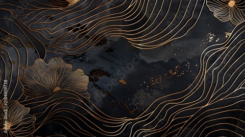 A graphic design background featuring a floral motif drawn with gold lines against a black background.