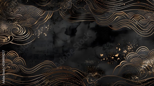 A floral graphic design background featuring gold lines on a black background.
