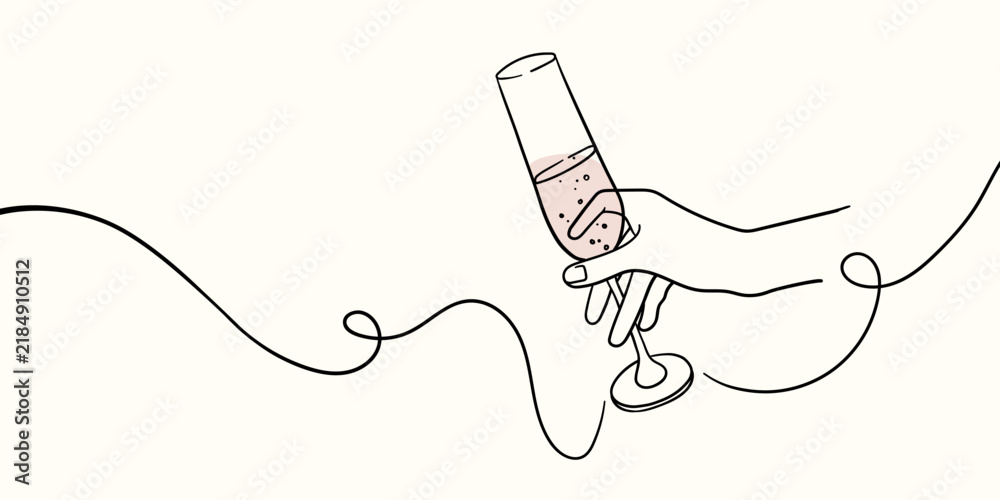 Obraz premium Continuous line champagne cheers one line art, continuous drawing contour. Cheers toast festive decoration for holidays on beige background. Vector illustration