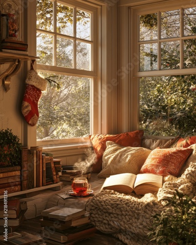 A cozy reading nook by the window, a cup of steaming tea, an open book, a single Christmas stocking hanging on the wall, soft daylight