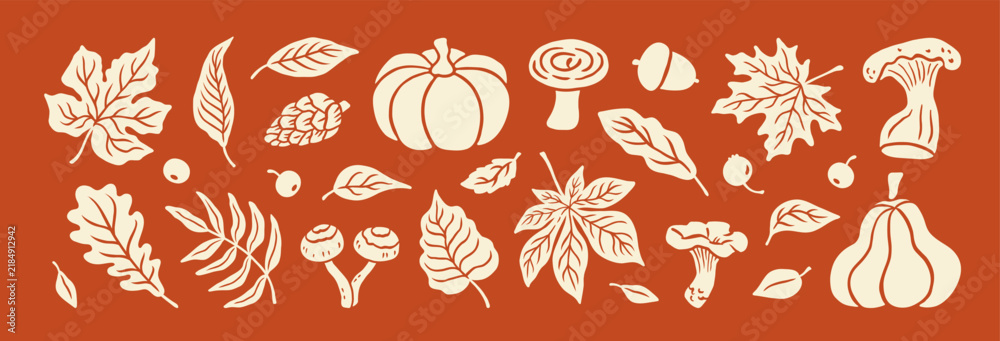 Fototapeta premium Autumn hand drawn set elements. Silhouette fall leaves, pumpkin, mushroom, leaf maple, berry, acorn, oak. Thanksgiving day. Forest nature. Fall plant vintage cut out paper icon. Vector illustration.