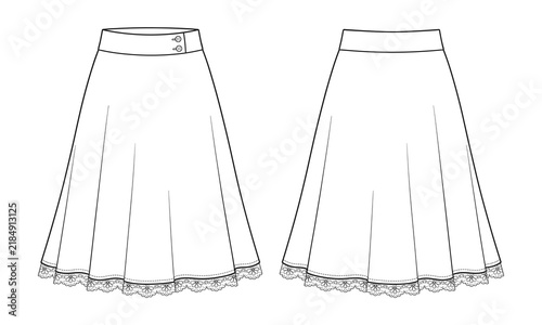 Women high waist A line flare midi skirt fashion technical flat sketch, front and back view, lace hem trim detail