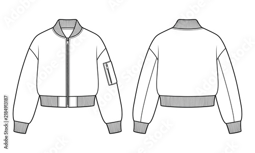 Bomber jacket tech pack, modern streetwear design, front and back view fashion flat drawing, blank apparel template for manufacturing mockup,