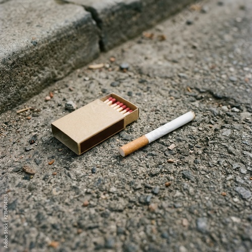 Discarded Cigarette Pack And Matchbox On Textured Pavement
