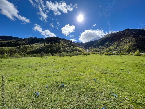 Принти на полотні Sun over a wide green meadow in the Caucasus mountains
