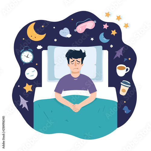 Man suffering from insomnia lying awake in bed surrounded by sleep disorder symbols.
