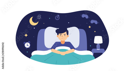Sleepless man lies awake in bed staring at the ceiling during the night.