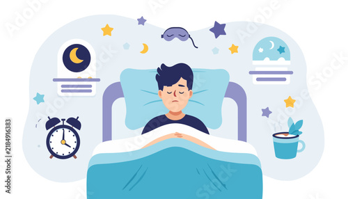 Restless man trying to sleep in bed surrounded by dream and nighttime icons.