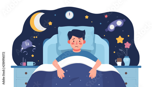 Man suffering from insomnia lies awake in bed under a starry night sky background.