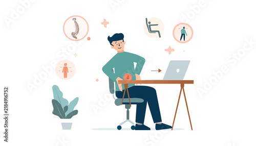 Man experiencing back pain while sitting at an office desk with spinal health icons.