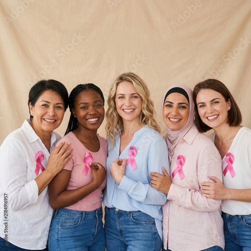 Diverse Group Of Women United In Support Of Breast Cancer Awareness Month