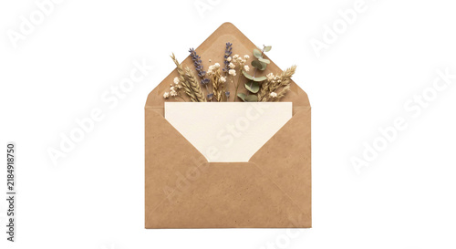 Konstfotografi Kraft paper envelope filled with dried flowers and a blank card for messages