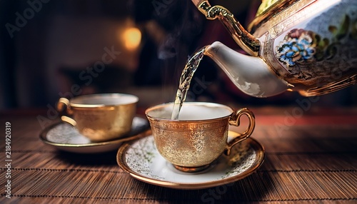 a close up of an ornate teapot pouring hot water into two antique delicate teacups with intricate floral designs