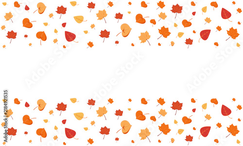 Autumn leaves horizontal banner with top and bottom border, white background and copy space. Vector illustration. Website header, fall background, social media cover, greeting card, sale banner.