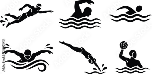 Swimming and water polo sports silhouette icon set isolated on plain solid clean white background