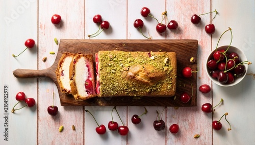 overhead flat lay of a spumoni loaf topped with cherries and pistachios sliced to reveal the interior surrounded by fresh cherries on a wooden cutting board