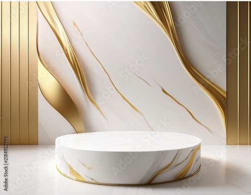 minimal white marble podium background with flowing gold veins and soft shadow gradients luxurious cream and gold tones product display pedestal concept