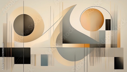 modern abstract painting featuring large beige and gray shapes thin lines soft tones light background
