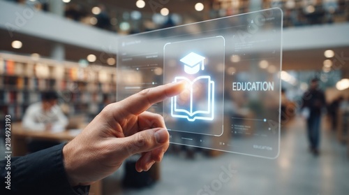 Digital education interface with glowing book icon. Futuristic e-learning technology in library. Online study and virtual training concept.