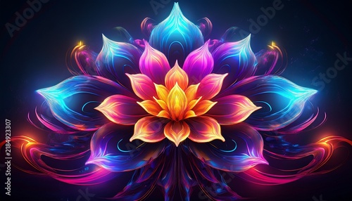 a digital artwork of an abstract flower with vibrant neon colors glowing against a dark background