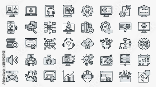 Comprehensive collection of technology education and business icons for digital projects