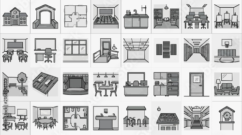 Comprehensive Set of Iconic Interior and Exterior Space Line Art Illustrations