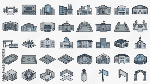 Comprehensive Icon Set of Educational Public and Utility Buildings for Design Projects