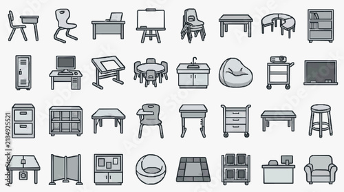 Comprehensive Collection of Office Classroom and Home Furniture Line Icons