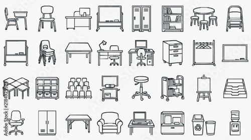 Comprehensive Set of Educational and Office Furniture Line Icons for Design Projects