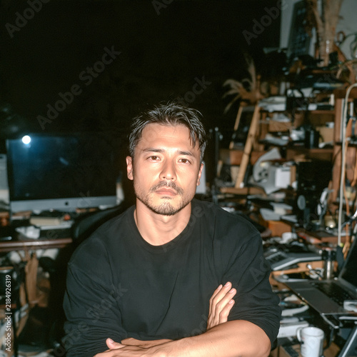 Plakat アトリエのような仕事部屋で腕を組んで座る男性