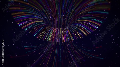 Abstract 3D motion video featuring colorful curved particle light trails in a seamless loop wormhole animation over a starry deep space background for video backdrops.
