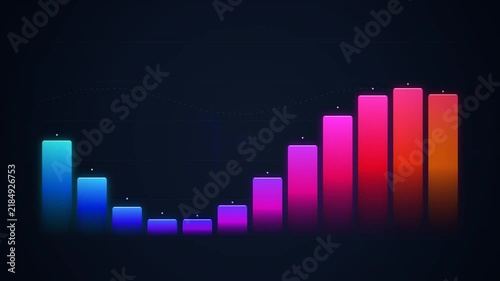 Animated colorful bar charts showing financial data growth and fluctuations.