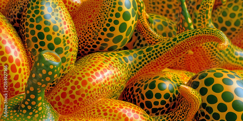 The Garden That Glows In Surreal Color As Dotted Gourds Twist With Spiked Orbs In Organic Fantasy, ai generated.