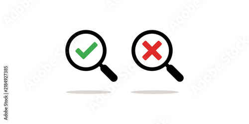 Quadro su tela Magnifying glass with green check mark and red cross symbol showing accurate and inaccurate search results or decisions made