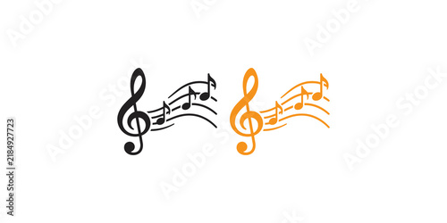 Foto Black and orange music note symbols on wavy staves design element for melodic compositions and audio creative work