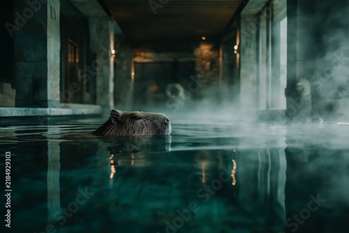 Capybara Relaxing And Swimming In Steaming Hot Spring Water Pool Inside Onsen Facility