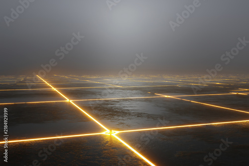 Futuristic Glowing Golden Grid Lines Extending Across A Dark Surface In Foggy Environment