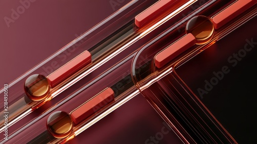 Fintech Transaction Flow Through Intersecting Glass Data Lanes with Amber Spheres and Red Blocks. AI generative