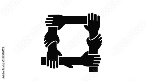 Interconnected hands forming a solid square structure represent teamwork and unity in this high contrast black and white vector graphic