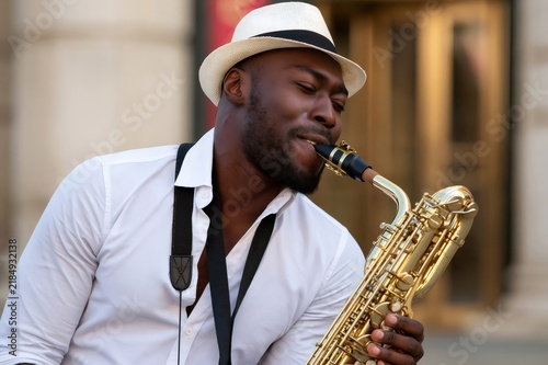 African american musician playing saxophone creating soulful jazz music
