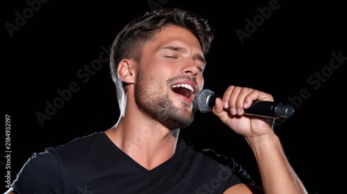 Male singer performing live with microphone expressing emotion