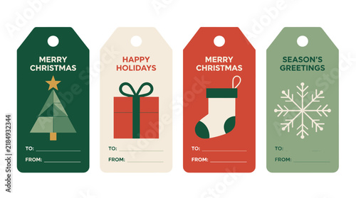 Set of four Christmas gift tags with holiday symbols and greetings