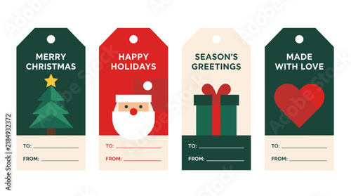 Set of four Christmas gift tags with holiday messages and icons