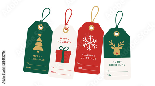 Four Christmas gift tags with holiday symbols and messages