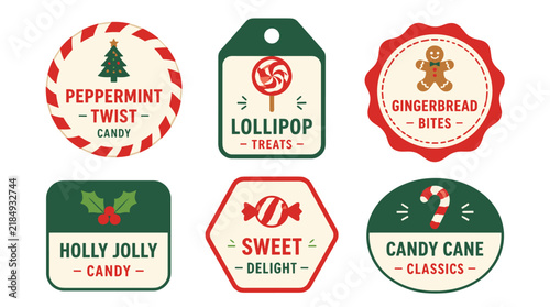 Christmas candy labels with gingerbread peppermint lollipop and holly designs