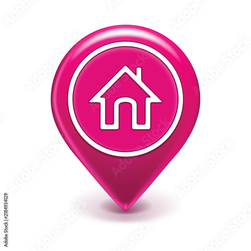 Magenta map pointer pin with a white house icon representing location and real estate location marker gps navigation property location residential location address marker